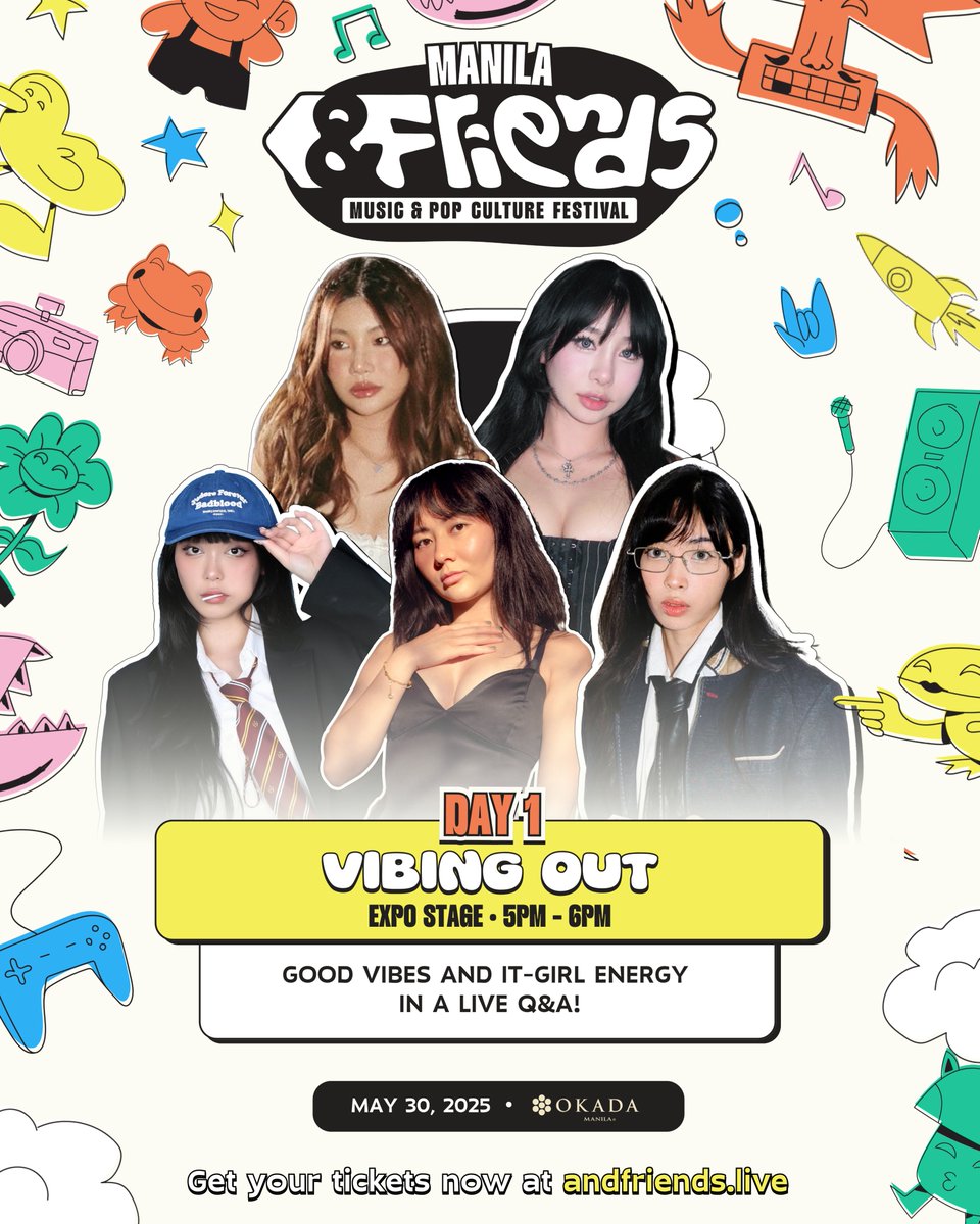 🌸 Good vibes and it girl energy.

<a href="/amaraui/">amara</a>, Alana Cho, <a href="/kurimeowu/">Kuri</a>, Yskaela, and <a href="/tiffanobi/">tiff</a> take the #AndFriends2025 stage for a live Q&amp;A!

💫 Vibing Out
📆 May 30, 2025 | 5PM - 6PM
📍 Expo Stage @ Crystal Pavilion, Okada Manila
🎟️ Requires Day 1 Pass — get yours now!