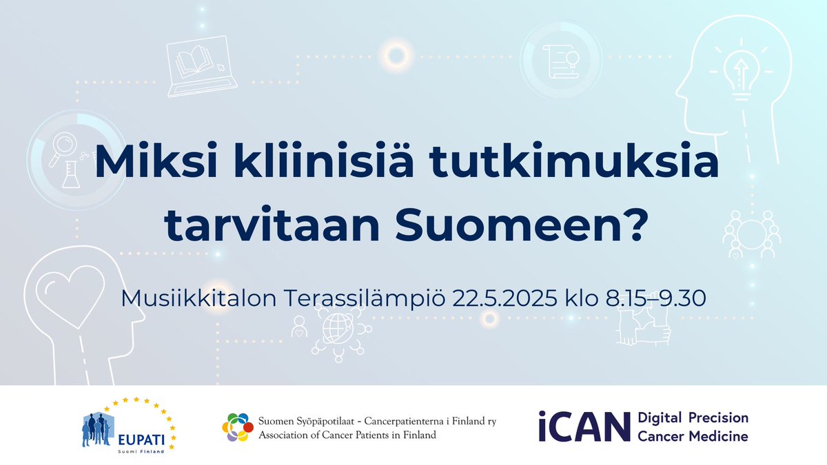 iCAN - Digital Precision Cancer Medicine (@ican_finland) on Twitter photo Varaathan päivän kalenteristasi!
Kiitos kutsusta mukaan <a href="/EUPATI_FI/">EUPATI Finland</a> ja <a href="/Syopapotilaat/">Suomen Syöpäpotilaat</a>!
#kliininentutkimus #potilasosallisuus #syöpätutkimus #syövänhoito Varaathan päivän kalenteristasi!
Kiitos kutsusta mukaan <a href="/EUPATI_FI/">EUPATI Finland</a> ja <a href="/Syopapotilaat/">Suomen Syöpäpotilaat</a>!
#kliininentutkimus #potilasosallisuus #syöpätutkimus #syövänhoito