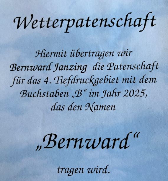 Im Spätsommer wird es ein Tief "Bernward" geben. Das absolut coolste Geschenk zu einem runden Geburtstag.
Da Tiefdruckgebiete im Jahr 2025 bisher sehr selten waren,  könnte Tief B im 4. Durchlauf inzwischen sogar in den September rutschen.