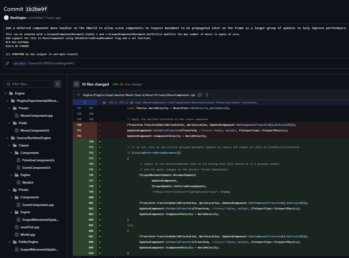 theredpix's tweet photo. #UnrealEngine 5.6 Deferred move handler to allow scene components for movement to be propegated later on the frame as a larger group of updates to help improve #performance 
s.GroupedComponentMovement.Enable 1 s.GroupedComponentMovement.BufferSize modifies the max number of moves to apply at once. #Unreal #gamedev #programming #cpp