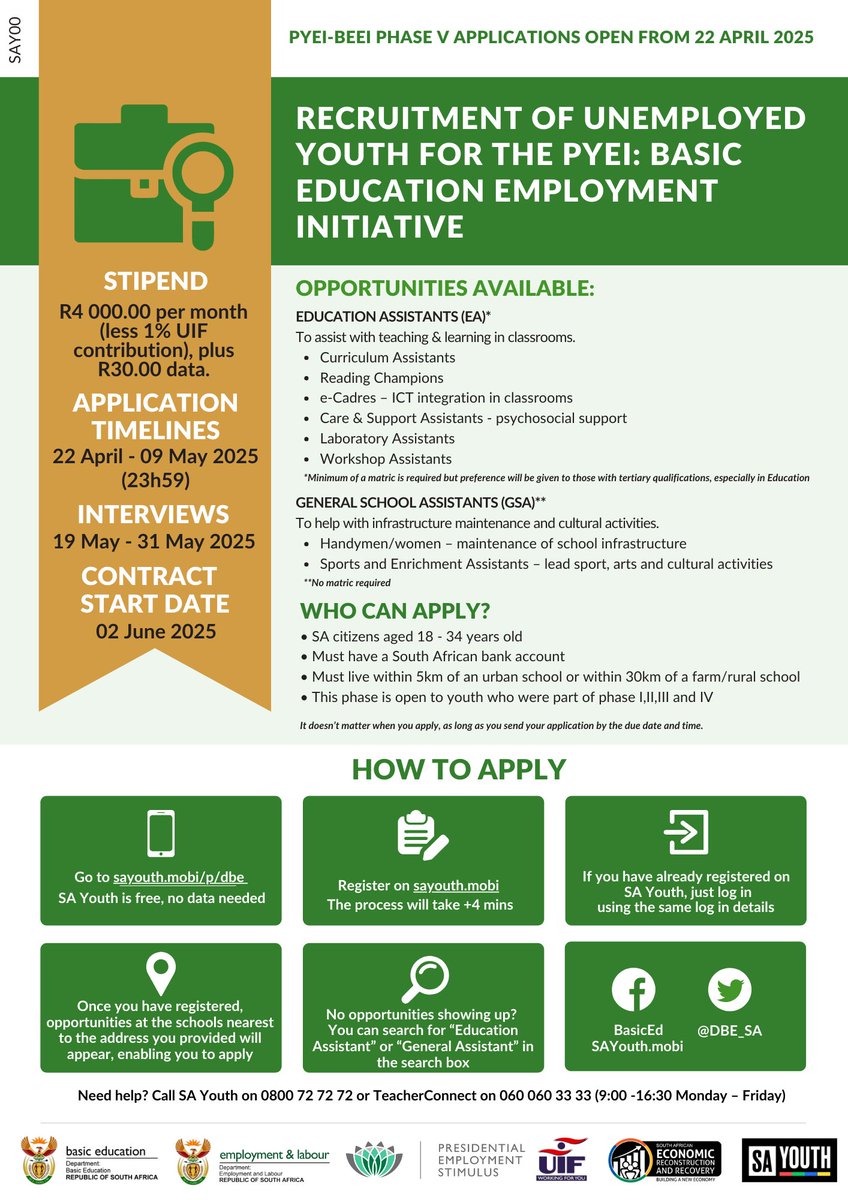 #BEEIPhaseV | #ApplyNow

The <a href="/DBE_SA/">Dep. Basic Education</a> has launched Phase 5 of the PYEI: Basic Education Employment Initiative (BEEI), which seeks to enable over 200,000 unemployed youth.  

For more information on the application process and updates on the initiative, please follow the SA Youth