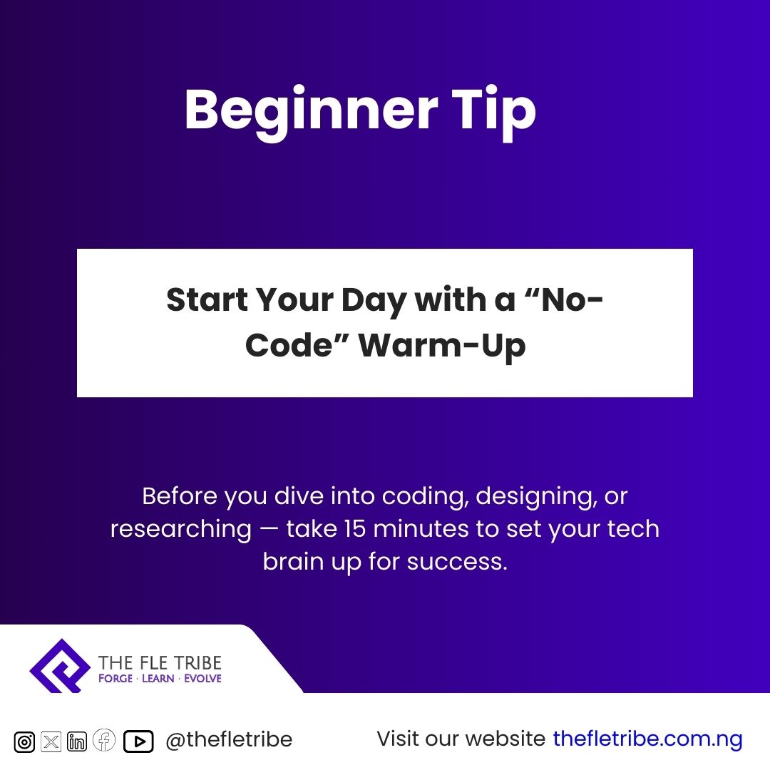 thefletribe's tweet image. Before you jump into tech tasks, spend 15 mins setting up your space and mindset:

– Review your goals
– Declutter your workspace
– Close extra tabs
– Breathe (yes, seriously)

Tech can be overwhelming — a calm start builds focus &amp;amp; consistency. 

#TechForBeginners #TheFLETribe