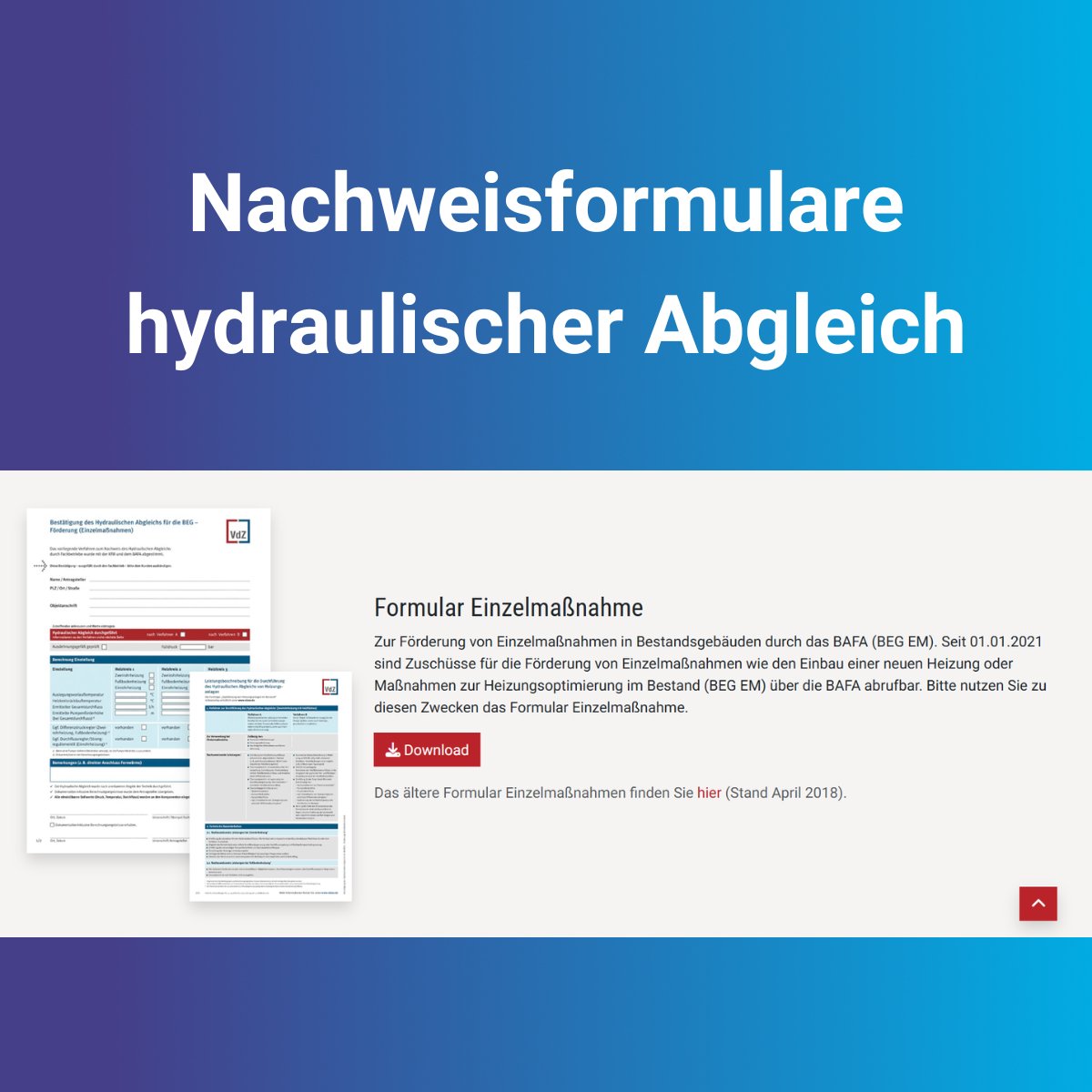 VdZeV's tweet photo. 📑 #HydraulischerAbgleich: Formulare zum Download
Ob Einzelmaßnahme oder Effizienzhaus: Unsere Nachweisformulare helfen Fachbetrieben bei der Dokumentation – abgestimmt auf @KfW und @BAFA_Bund .
Hier geht’s zu den Formularen:
https://t.co/rWjHXE5De4
#BuildingNewEnergy #VdZ https://t.co/gP7C8oO0Q5