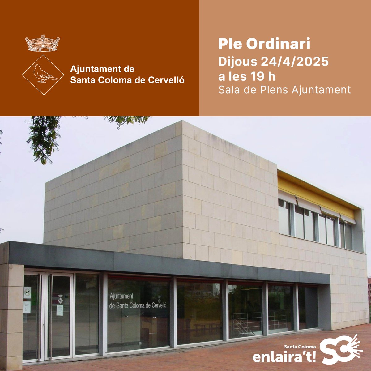 📢El Ple Ordinari de l’Ajuntament d'aquest mes es celebrarà dijous 24/4 a les 19 h.
📑Convocatòria i ordre del dia: 
🌐 santacolomadecervello.cat/ple

✅Per seguir-lo des de casa, entra al Canal de YouTube de l’Ajuntament
🌐 bit.ly/CanalYouTubeSt…

#PleMunicipal #SantaColomadeCervelló