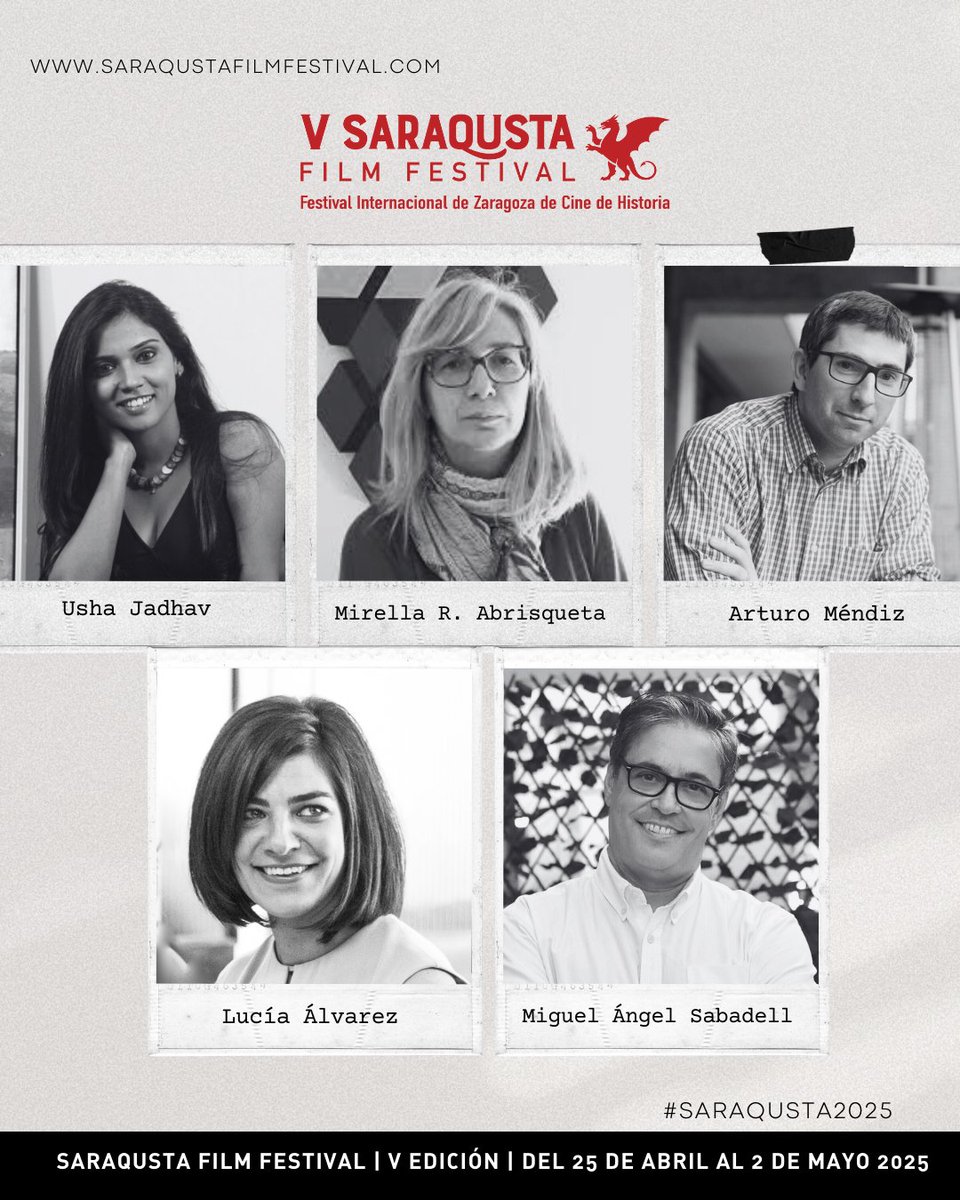 SaraqustaFilmFest (@saraqusta_ff) on Twitter photo El jurado de la V edición:
▪️ <a href="/ushajadhav/">Usha Jadhav</a>, actriz y productora
▪️ <a href="/MirellaAbris/">Mirella R. Abrisqueta</a>, productora y realizadora
▪️ Arturo Méndiz, productor y realizador
▪️ Lucía Álvarez, historiadora y profesora
▪️ Miguel Ángel Sabadell, escritor, divulgador y del comité editorial de ‘Muy Historia’. El jurado de la V edición:
▪️ <a href="/ushajadhav/">Usha Jadhav</a>, actriz y productora
▪️ <a href="/MirellaAbris/">Mirella R. Abrisqueta</a>, productora y realizadora
▪️ Arturo Méndiz, productor y realizador
▪️ Lucía Álvarez, historiadora y profesora
▪️ Miguel Ángel Sabadell, escritor, divulgador y del comité editorial de ‘Muy Historia’.