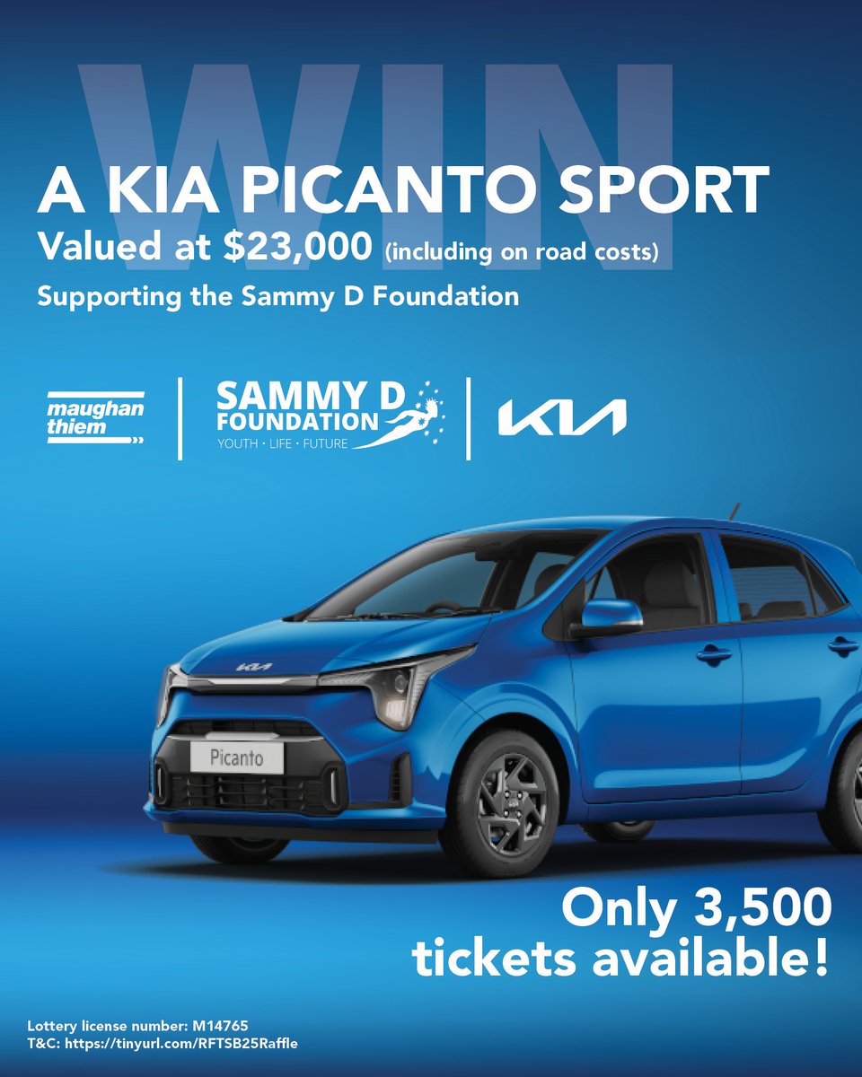 Win a Kia Picanto Sport! 🚗 Only 3,500 tickets available. Support the Sammy D Foundation &amp; help end youth violence. Grab your ticket today – your new ride could be 1 lucky entry away: 🔗 tinyurl.com/RFTSB25Raffle License: M14765 | T&amp;Cs available through the above link