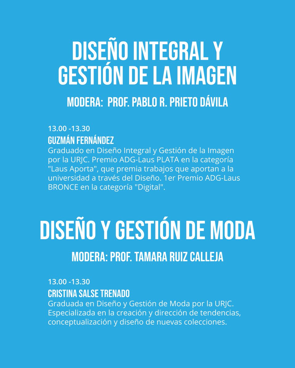 📣24 de abril - Campus de Aranjuez
 Jornada de Salidas Profesionales para los Grados de Artes 🎨
🕛 12:00–14:00
📍 Hospital San Carlos
💬 Egresad@s de #BellasArtes, #DiseñoGráfico y #Moda compartirán sus experiencias
🔗 Inscripciones:
eventos.urjc.es/134566/detail/…