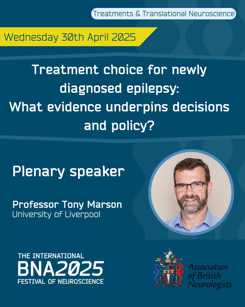 British Neuroscience Association (@britishneuro) on Twitter photo Thrilled to announce Prof. <a href="/TonyMarson2/">Tony Marson FMedSci</a> as a plenary speaker at #BNA2025
A leader in #epilepsy research, shaping treatment, policy, and <a href="/NICEComms/">NICE</a> Guidance.
Prof. at <a href="/LivUni/">University of Liverpool</a>, Consultant at <a href="/WaltonCentre/">The Walton Centre</a>
Session convened by <a href="/theABN_Info/">Association of British Neurologists</a>
meetings.bna.org.uk/bna2025/bna202…
#Neuroscience Thrilled to announce Prof. <a href="/TonyMarson2/">Tony Marson FMedSci</a> as a plenary speaker at #BNA2025
A leader in #epilepsy research, shaping treatment, policy, and <a href="/NICEComms/">NICE</a> Guidance.
Prof. at <a href="/LivUni/">University of Liverpool</a>, Consultant at <a href="/WaltonCentre/">The Walton Centre</a>
Session convened by <a href="/theABN_Info/">Association of British Neurologists</a>
meetings.bna.org.uk/bna2025/bna202…
#Neuroscience