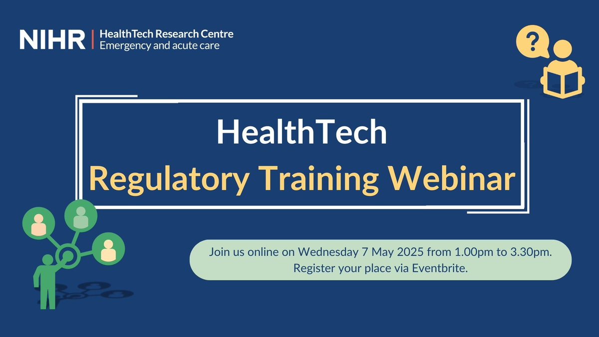 🗓️ Work in #HealthTech?

Join the NIHR HRC in Emergency and Acute Care’s free  Regulatory Training webinar on Wednesday 7 May.

Covering key topics including device classification, regulatory authorities and legislation.

Find out more and register here 👇
eventbrite.co.uk/e/regulatory-t…