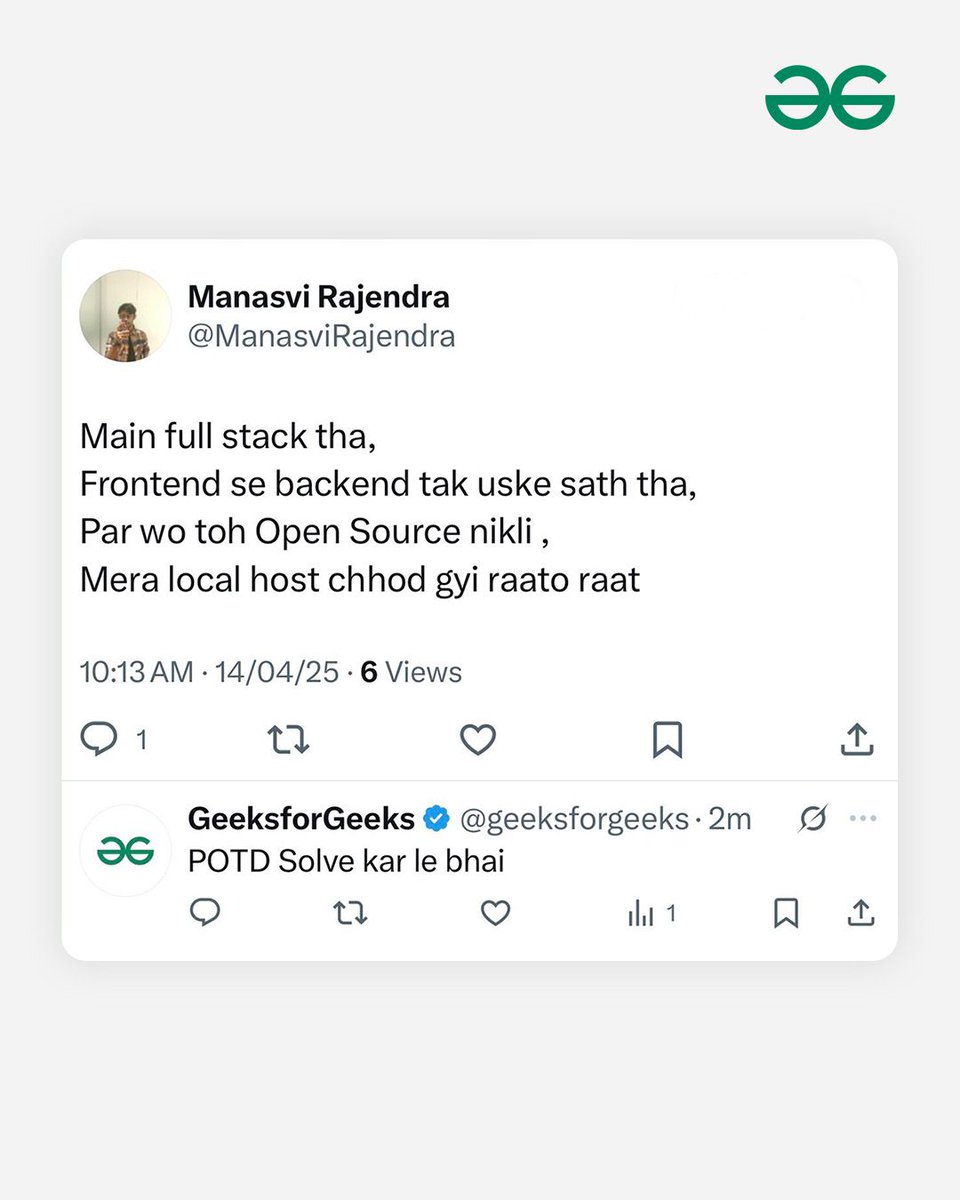 geeksforgeeks's tweet image. POTD &amp;gt; Pyaar 💔

Tum bhi solve karlo 👉 geeksforgeeks.org/problem-of-the…

#gfg #geeksforgeeks #potd