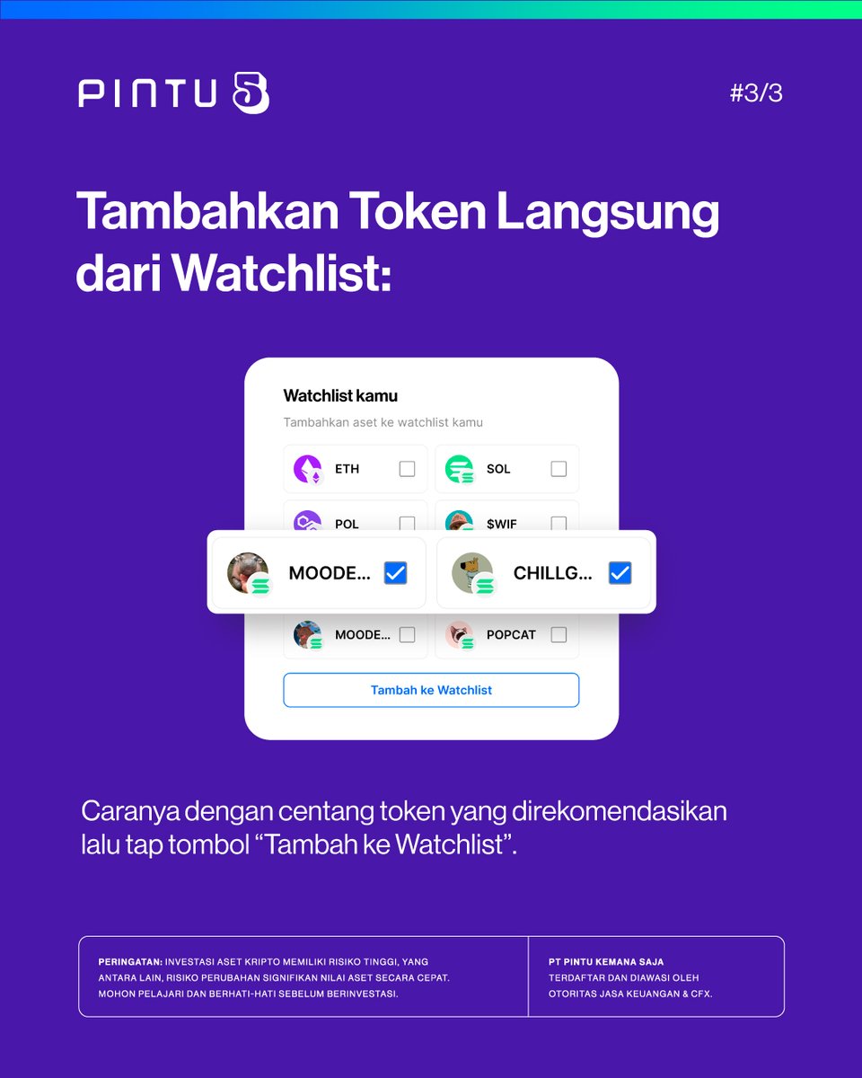PintuID's tweet photo. 💰 Yuk sini kumpul.
Mintu mau kasih giveaway buat Teman Pintu yang share watchlist token di Pintu Web3.
Baca caranya di bawah ya!

Mekanisme:
    - Follow akun @PintuID
    - Likes dan reply dengan Upload Screenshot token favoritmu yang ada pada halaman Watchlist Pintu Web3 dan mention 2 orang temanmu
    - Jangan lupa gunakan #AplikasiPintu #PintuWeb3 #PintuGiveaway

Syarat dan ketentuan:
    - Wajib follow X @PintuID
    - Total Hadiah Rp2.000.000 dalam bentuk SOL pada jaringan Solana untuk 10 pemenang beruntung dan dikirimkan ke Pintu Web3
    - Pastikan akun X-mu public (tidak di-private) agar kami dapat melihat reply kamu
    - Pemenang yang beruntung akan dihubungi oleh tim Pintu untuk melengkapi data pemenang melalui Direct Message.⁣
    - Jika pemenang tidak membalas Direct Message tim Pintu 1x24 jam, maka hadiah dianggap hangus.⁣
    - Giveaway akan berakhir pada 25 April 2025 pukul 23:59 WIB
    - Pengumuman pemenang akan dilakukan pada 30 April 2025
    - Pengiriman hadiah akan dilakukan maksimal 15 hari kerja dari tanggal pengumuman pemenang
    - Syarat & ketentuan dapat berubah sewaktu-waktu dengan atau tanpa pemberitahuan terlebih dahulu
    - Keputusan tim Pintu tidak dapat diganggu gugat

#AplikasiPintu #AllInOneCryptoApp