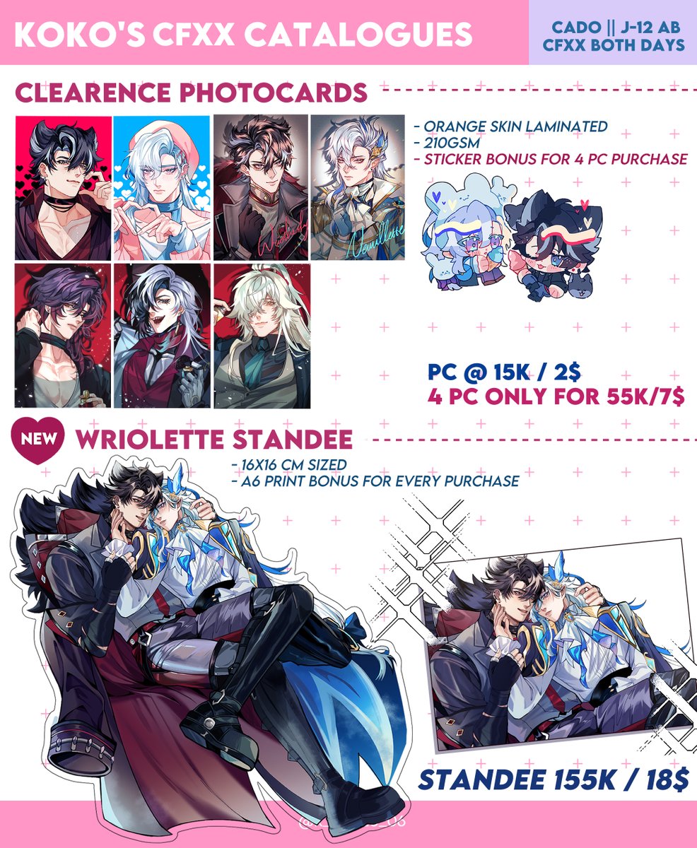 k_luv20_06's tweet photo. [ RT+💗 are appreciated🌟 ]

KOKO' #CFXX PO + GIVEAWAY 🌸

💗How to join : like+share+tag your friends!
🗓️ 22th - 30th April
🌸 PICK UP + MAIL
🌸 fandom : HSR, GI, Plave, Codegeass, Original/OC

🔗 to order below
🌸GOs please DM first!
#CFXXcatalogue #comifuro20catalogue https://t.co/DgxXhy44iB