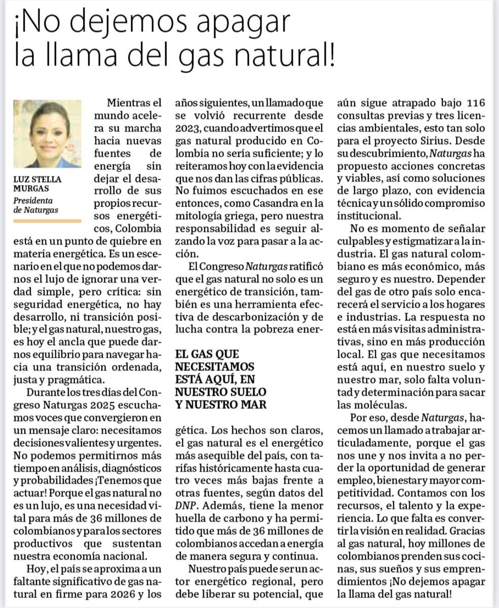¡No dejemos apagar la llama del gas natural! <a href="/luzstellamurgas/">Luz Stella Murgas</a> vía <a href="/larepublica_co/">Diario La República</a> <a href="/IGU_News/">IGU</a> <a href="/StegherAndrea/">Andrea Stegher</a>