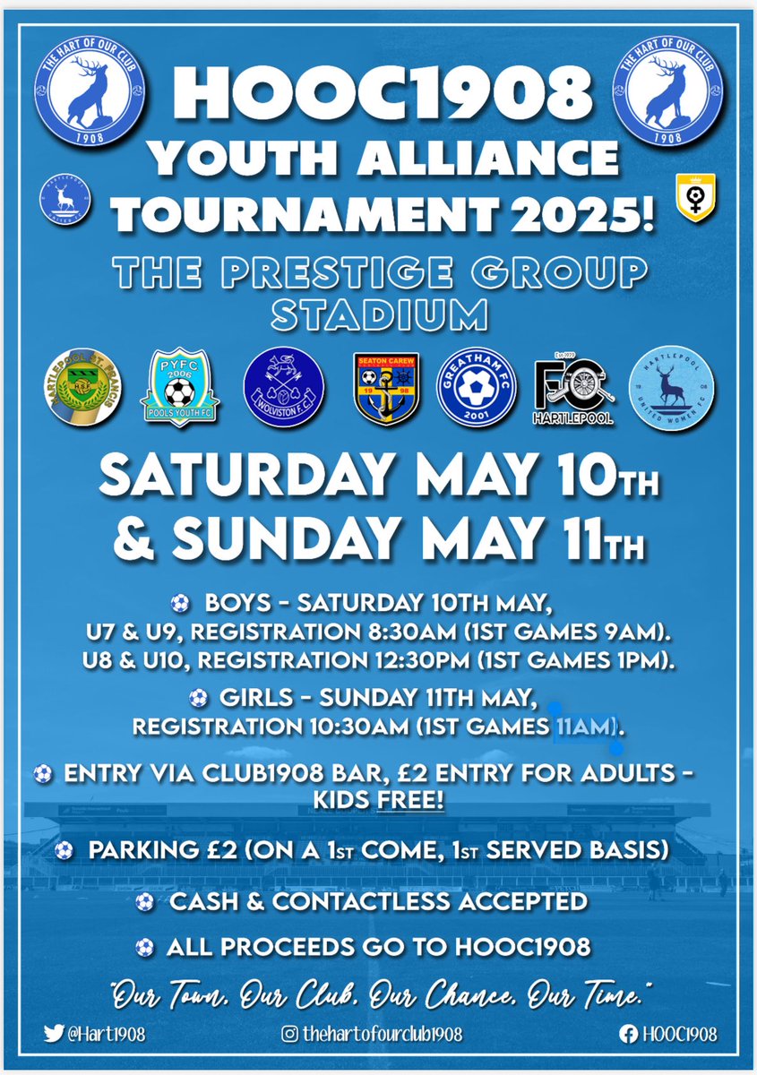 Get ready for TWO DAYS of thrilling youth football! ⚽️ 

Our future stars will again be competing over 2 days at the Hart of Our Club 1908 end-of-season tournament! 

Come and support our amazing boys &amp; girls youth alliance teams at The Prestige Group Stadium.