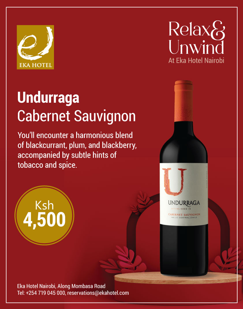 Relax &amp; Unwind at Eka Hotel Nairobi. Enjoy the Undurraga Cabernet Sauvignon where you’ll encounter a harmonious blend of blackcurrant, plum, and blackberry, accompanied by subtle hints of tobacco and spice.