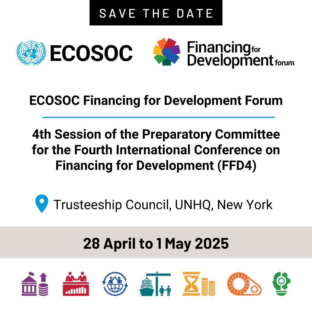 UN DESA (@undesa) on Twitter photo 💡 SAVE THE DATE as we countdown to #FFD4 in #Sevilla, Spain:
👉<a href="/UNECOSOC/">UN ECOSOC President</a> Forum on Financing for Development: 🗓️ 28 to 29 April 2025
👉 4th PrepCom session: 🗓️30 April to 1 May 2025
📍 <a href="/UN/">United Nations</a> Headquarters
ℹ️ bit.ly/4js6uDX 💡 SAVE THE DATE as we countdown to #FFD4 in #Sevilla, Spain:
👉<a href="/UNECOSOC/">UN ECOSOC President</a> Forum on Financing for Development: 🗓️ 28 to 29 April 2025
👉 4th PrepCom session: 🗓️30 April to 1 May 2025
📍 <a href="/UN/">United Nations</a> Headquarters
ℹ️ bit.ly/4js6uDX