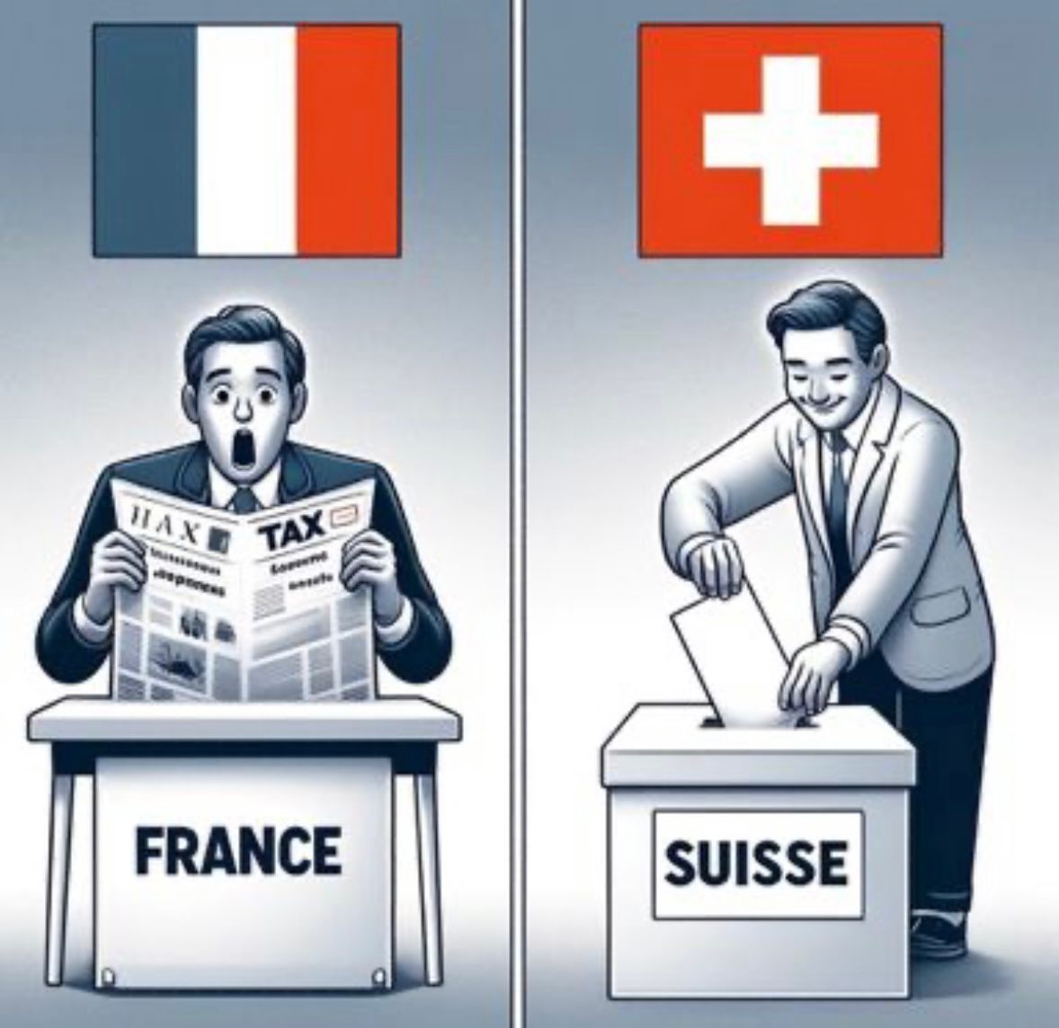 🇨🇭 Les Suisses votent sur leurs impôts.
🇫🇷 Les Français les découvrent dans les journaux.

Bienvenue dans deux visions de la démocratie.

🎯 En Suisse :
- Toute augmentation d'impôt peut être validée par référendum.
- Les citoyens peuvent même lancer des initiatives populaires.