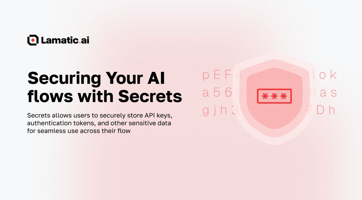 lamatic_ai's tweet image. Secure Your AI Workflows with Lamatic.ai
✨Store API keys securely
✨Reference secrets without exposure
✨Manage centrally across flows
✨Update with ease post-deploy
Learn more: lamatic.ai/docs/studio/va…
#LamaticAI #AIAgents #GenAI #LLM