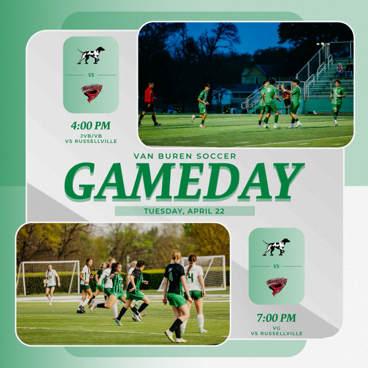 VBSD Activities/Athletics (@vbsdactivities) on Twitter photo GAMEDAY!
<a href="/VBHSboyssoccer/">Van Buren Pointers Boys Soccer</a> & <a href="/VbhsLPSoccer/">VBHSLadyPointerSoccer</a> takes on the Russellville Cyclones in big 5A West matchups at Citizens Bank Stadium!
4:00 - JVB followed by VB & VG!
$5 tickets or AAA/VB pass at the gate! GAMEDAY!
<a href="/VBHSboyssoccer/">Van Buren Pointers Boys Soccer</a> & <a href="/VbhsLPSoccer/">VBHSLadyPointerSoccer</a> takes on the Russellville Cyclones in big 5A West matchups at Citizens Bank Stadium!
4:00 - JVB followed by VB & VG!
$5 tickets or AAA/VB pass at the gate!