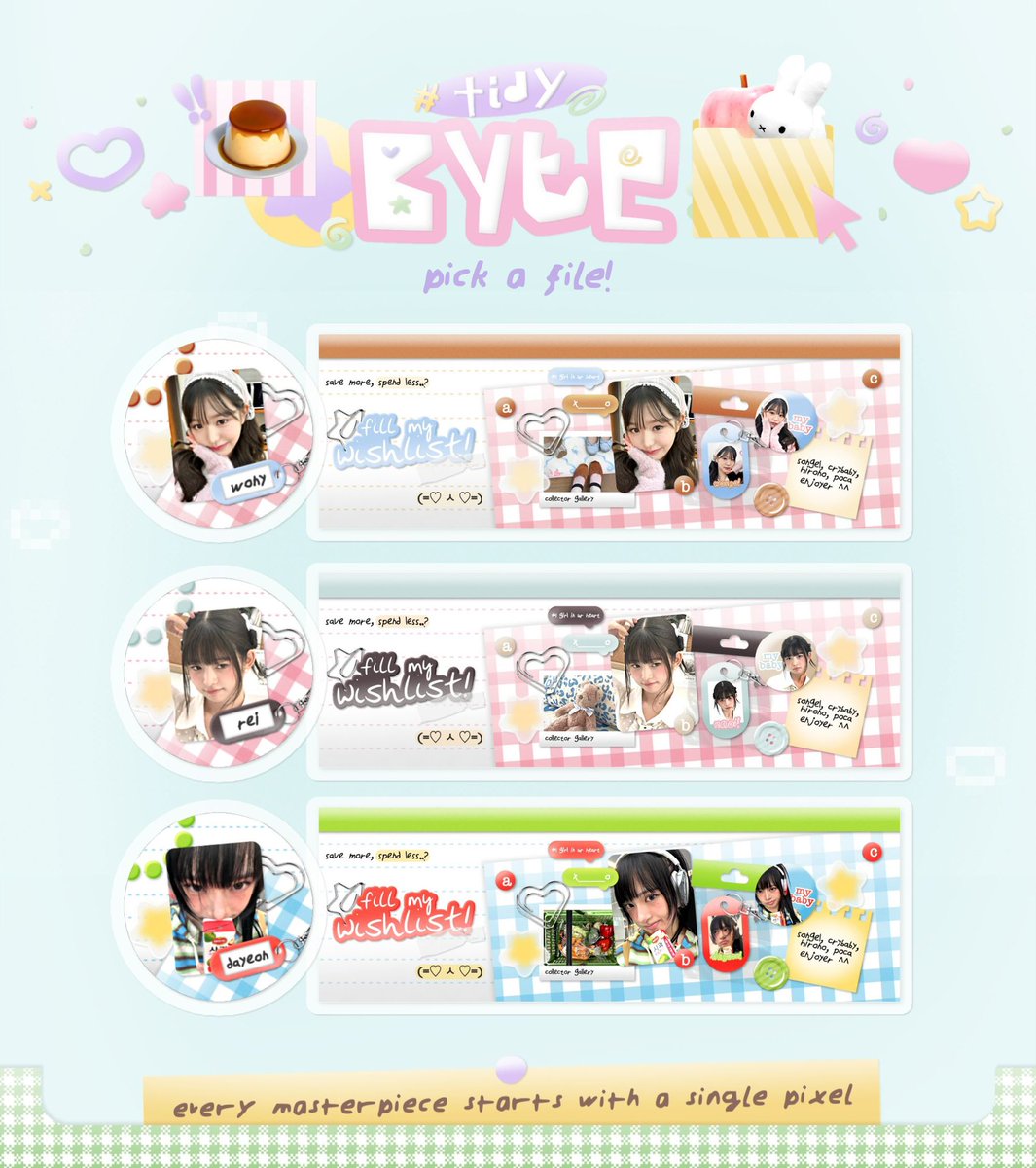 ♡  ࣪  / + help repost? thanks! ⊹  ׁ   ִ  ໒꒱

eLlo__🧃 Rion ada ready stock layout dengan harga 13.OOO each, free retext! Silahkan ketuk pintu pesan Marion jika berkenan untuk membawa pulang!

📸 : Wonyoung, Rei, Dayeon You

#zonauang #zonajajan