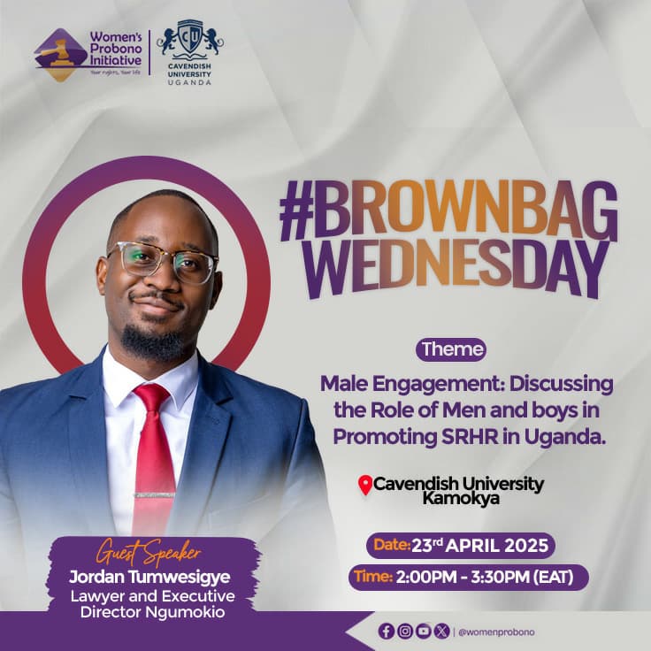 The Women's Probono Initiative (@womenprobono) on Twitter photo #BrownBagWednesday is back!
Join us for a powerful session on Male Engagement: Discussing the Role of Men and Boys in Promoting SRHR in Uganda.
We are honored to host <a href="/JTumwesigye/">Jordan Tumwesigye</a>, Lawyer and Executive Director at Ngumokio, as our guest speaker.
Date: 23rd April 2025
Time: #BrownBagWednesday is back!
Join us for a powerful session on Male Engagement: Discussing the Role of Men and Boys in Promoting SRHR in Uganda.
We are honored to host <a href="/JTumwesigye/">Jordan Tumwesigye</a>, Lawyer and Executive Director at Ngumokio, as our guest speaker.
Date: 23rd April 2025
Time: