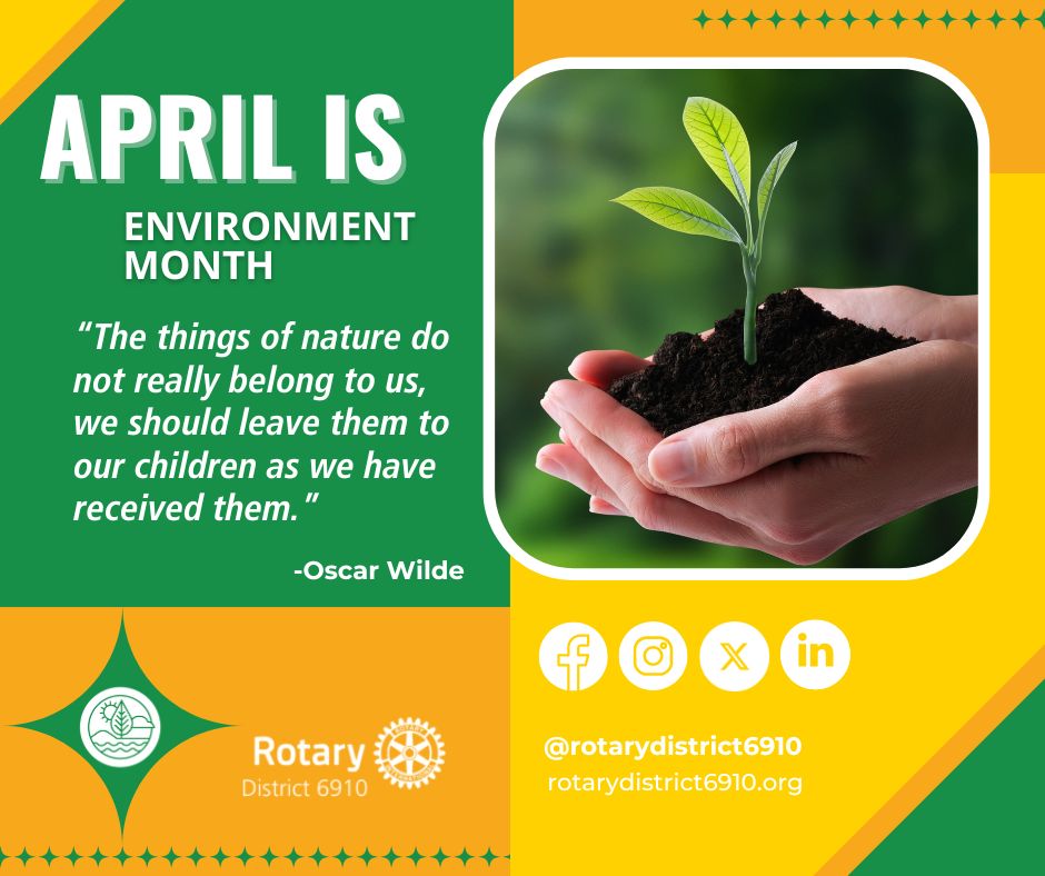🌍🌿 April is Environmental Month at Rotary! This month, we’re celebrating our commitment to protecting our planet and promoting sustainable practices. Join us in taking action towards a greener future by spreading awareness about environmental conservation.