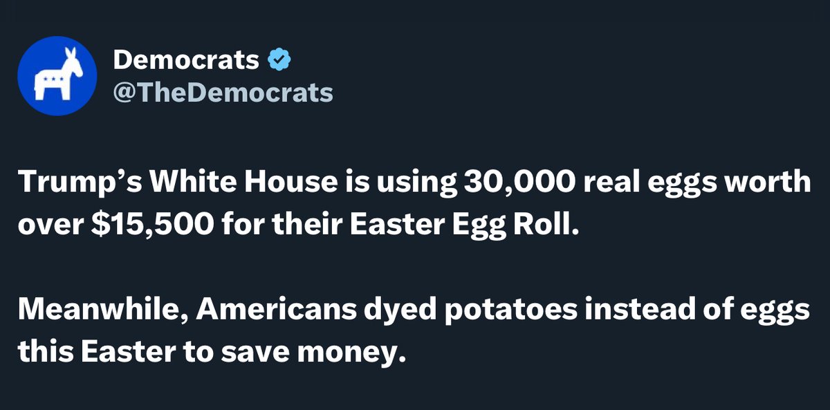 I would like for anybody to produce a video that people dyed potatoes and used them in place of eggs. The demonrats are getting more mental everyday.