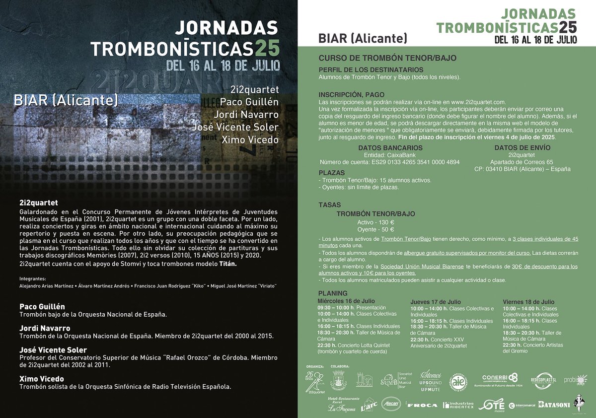🤩¡¡INSCRIPCIONES ABIERTAS!!🤩 JORNADAS TROMBONÍSTICAS’24 - BIAR (Alicante) del 17 al 19 de julio. Más información en  2i2quartet.com/jornadas-tromb…
<a href="/StomviOfficial/">Stomvi</a> <a href="/upsoundexp/">UpSound</a> <a href="/innovatrombone/">Innovatrombone</a> <a href="/atetrombonistas/">ATE</a>
#25aniversario2i2quartet #trombon #trombone #basstrombone #trombonbajo