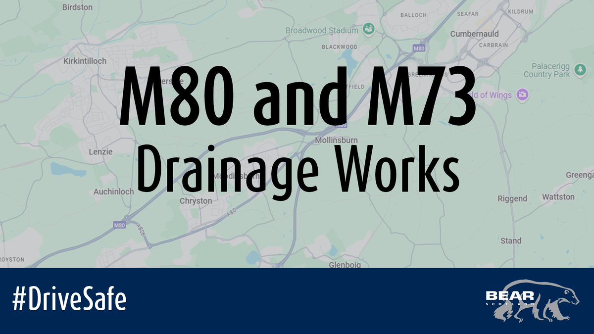 BEAR M80 Trunk Road (@bear_m80) on Twitter photo REMINDER: A programme of drainage works are set to take place on the #M80 and #M73 starting on Tuesday 22 April for eight nights.
A series of lane closures and road closures will take place.
Find full details here: bit.ly/43OEDJz
<a href="/trafficscotland/">Traffic Scotland</a> REMINDER: A programme of drainage works are set to take place on the #M80 and #M73 starting on Tuesday 22 April for eight nights.
A series of lane closures and road closures will take place.
Find full details here: bit.ly/43OEDJz
<a href="/trafficscotland/">Traffic Scotland</a>