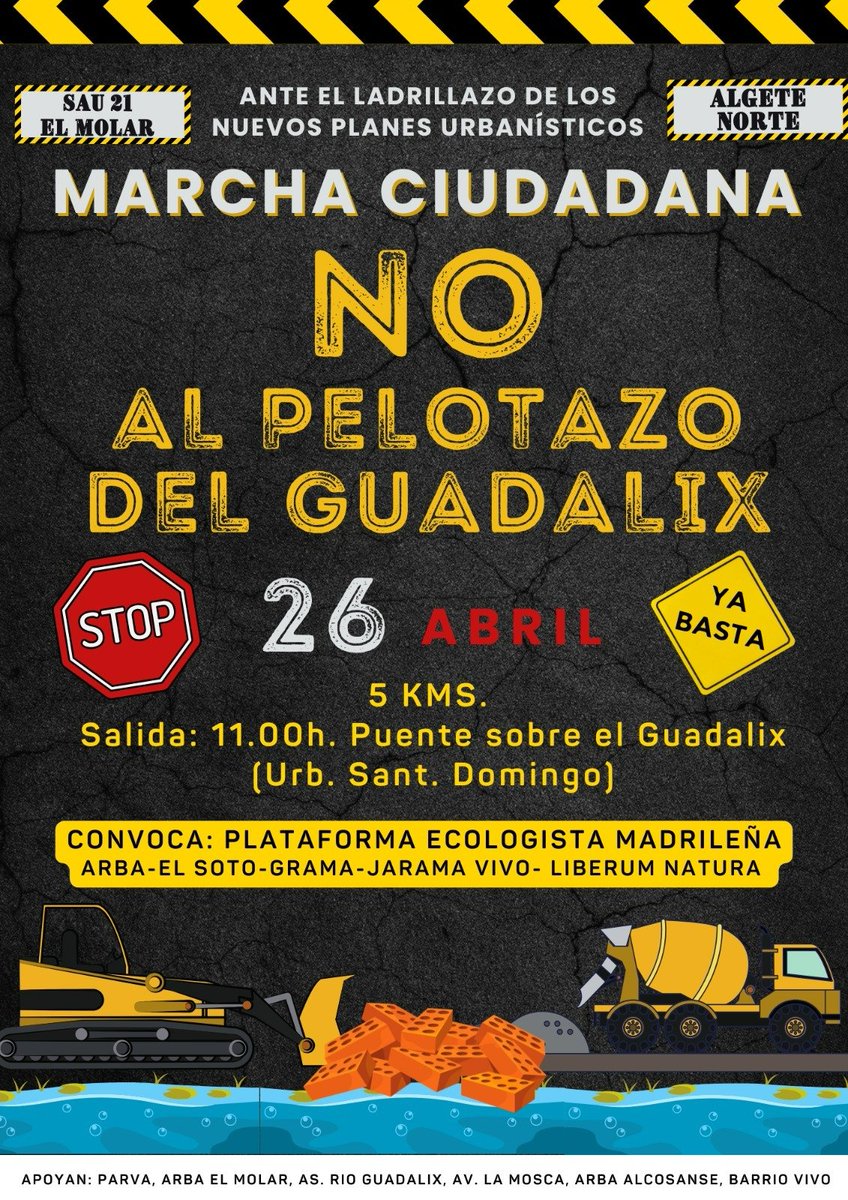 Bajo el lema “No al pelotazo del Guadalix”, el 26 de abril está convocada una marcha en contra de la construcción de un nuevo núcleo urbano de casi 8.000 nuevas viviendas en el eje del río Guadalix, un espacio protegido madrileño por la Red Natura 2000 docs.google.com/document/d/1jf…