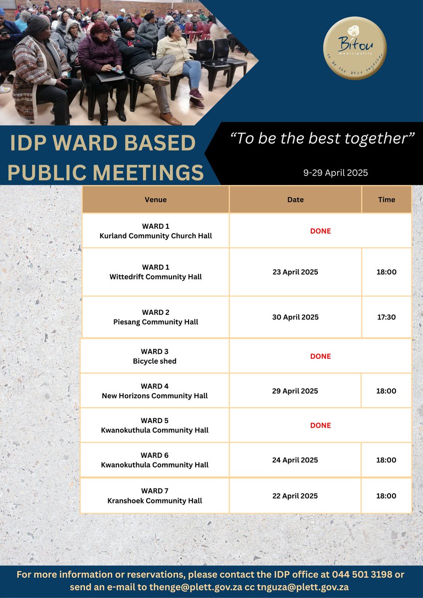 bitou_muni's tweet image. ‼️ REMINDER ‼️ | The public is reminded of the ward-based IDP meeting for Ward 7.

The fourth session takes place tonight, 22 April, at 18h00 in the Kranshoek Community Hall.

#BitouIDP
#bitouupdates
#bitoucommunications