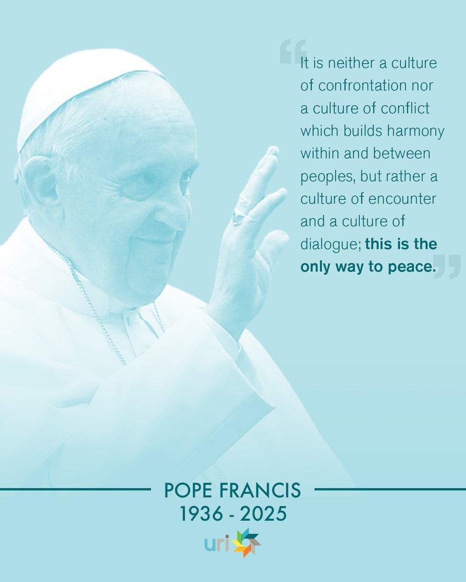 We mourn the loss of Pope Francis, a beacon of hope and compassion. His unwavering commitment to peace, love, and dialogue will inspire us forever.

Karen Volker, URI Executive Director shares a reflection here: uri.org/uri-story/2025…

Rest in Peace, Holy Father.

#URIGlobal