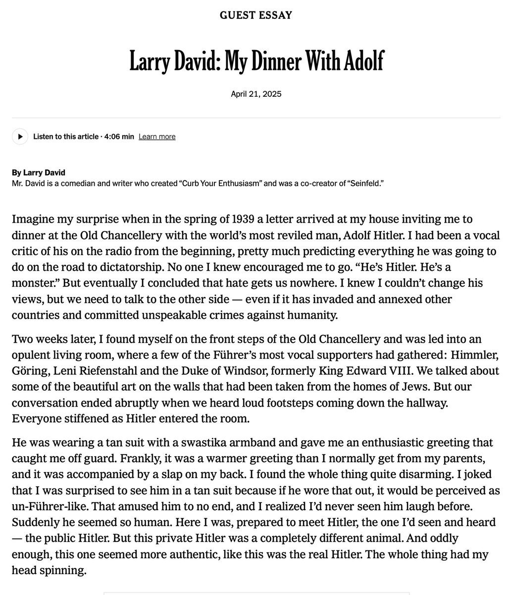 mattmfm's tweet image. Larry David writing a NYT guest essay as a man having dinner with Hitler, just to roast Bill Maher as a smug, self-important clown, is the stuff of comedy legend.