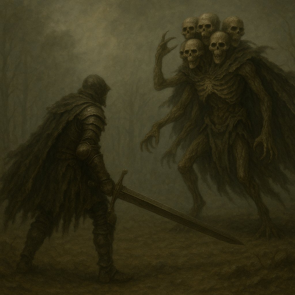 Bro! This is absolutely mad. Prompt:  Can you fix this image by making it in the style of Elden Ring? The hero is holding a greatsword, and the monster he is fighting is an undead creature with six heads, four arms, and four legs. The monster also has a really cool cape.