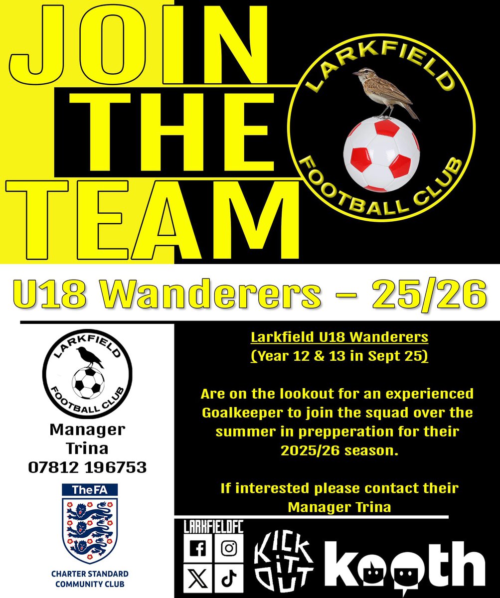 LarkfieldFC (@larkfieldfc) on Twitter photo ๐ท๐ณ๐จ๐๐ฌ๐น๐บ ๐พ๐จ๐ต๐ป๐ฌ๐ซ!
Our Under 18โs for 25/26 season are looking for outfield players & a keeper to build on their squad for the upcoming new season.
School Years 12 & 13 from Sept 25.
Interested? please contact Trina who would love to have a chat with you ๐กโซ๏ธ ๐ท๐ณ๐จ๐๐ฌ๐น๐บ ๐พ๐จ๐ต๐ป๐ฌ๐ซ!
Our Under 18โs for 25/26 season are looking for outfield players & a keeper to build on their squad for the upcoming new season.
School Years 12 & 13 from Sept 25.
Interested? please contact Trina who would love to have a chat with you ๐กโซ๏ธ