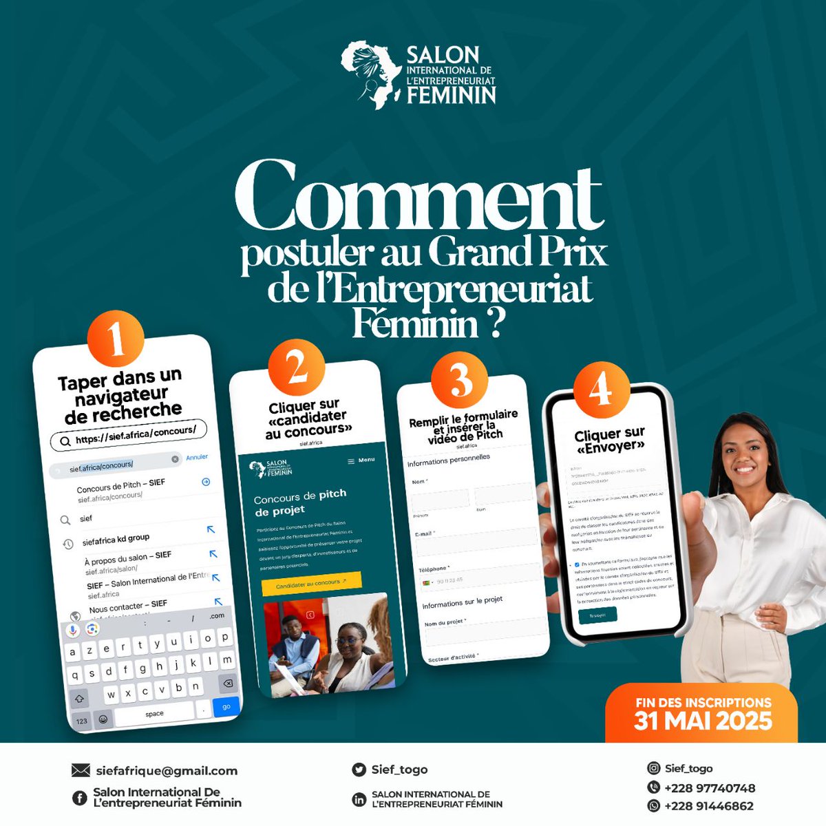 Comment postuler au Grand Prix de l’Entrepreneuriat Féminin ?
C’est simple :
1. Tapez “Grand Prix de l’Entrepreneuriat Féminin SIEF” dans votre navigateur.
2. Cliquez sur “Candidater au concours”.
3. Remplissez le formulaire en ligne.
4. Ajoutez votre vidéo de pitch.