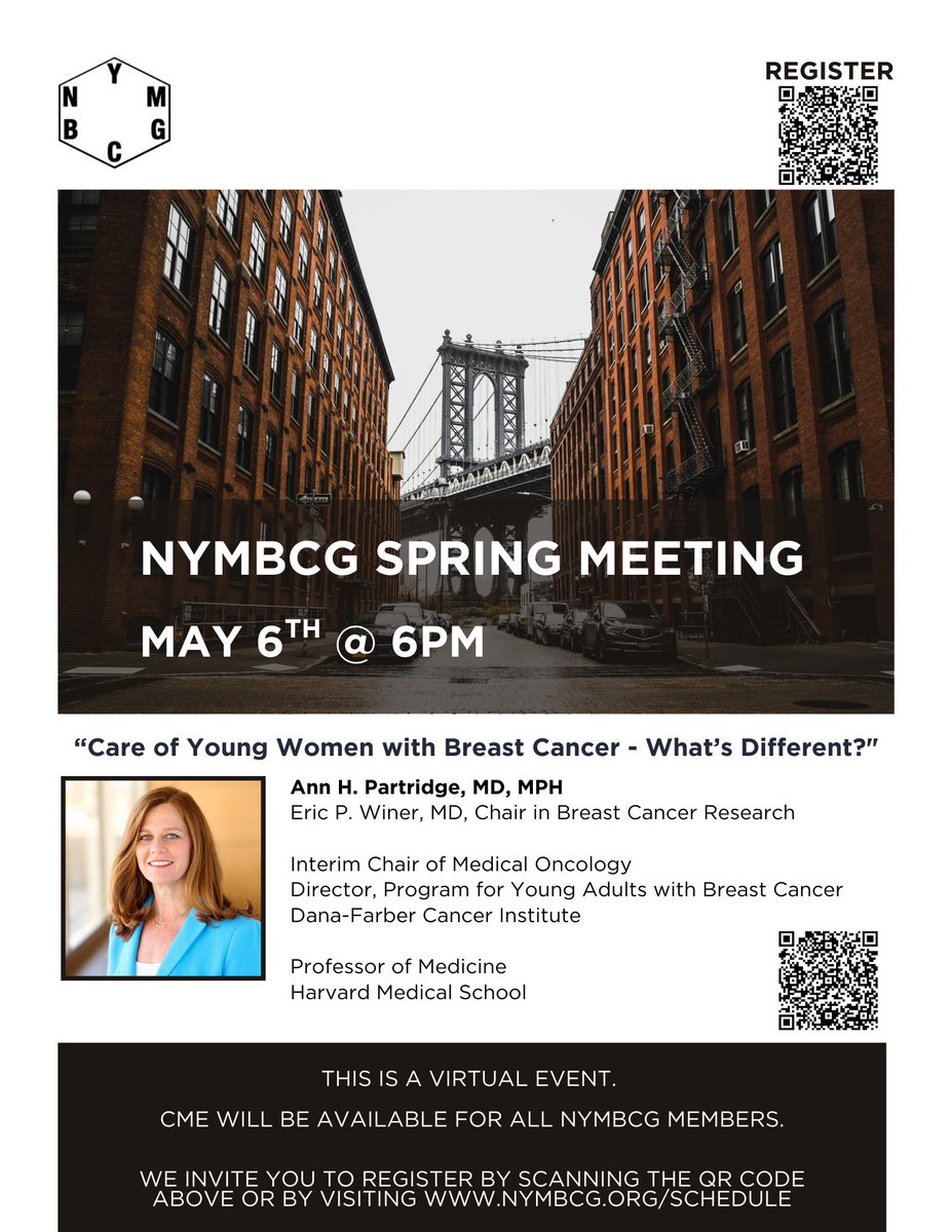 NYMBCG - New York Metropolitan Breast Cancer Group (@nymbcg) on Twitter photo Happy Spring!🌸Get ready for another fantastic meeting with NYMBCG on May 6th at 6pm for our VIRTUAL presentation by the esteemed <a href="/AnnPartridgeMD/">Ann Partridge MD, MPH</a> from Dana-Farber!
You won't want to miss this talk, registration is FREE, click below to register now: us06web.zoom.us/meeting/regist… Happy Spring!🌸Get ready for another fantastic meeting with NYMBCG on May 6th at 6pm for our VIRTUAL presentation by the esteemed <a href="/AnnPartridgeMD/">Ann Partridge MD, MPH</a> from Dana-Farber!
You won't want to miss this talk, registration is FREE, click below to register now: us06web.zoom.us/meeting/regist…