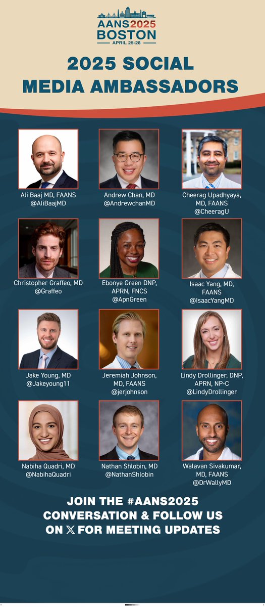 Meet the voices behind the buzz! Our #AANS2025 Social Media Ambassadors are here to share insights, spotlight key sessions and keep the neurosurgical community connected. Make sure to give them all a follow and stay updated throughout the meeting!