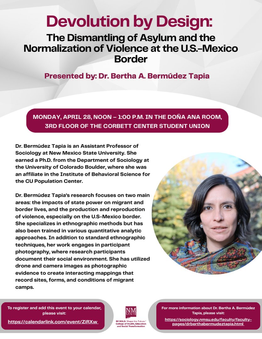 #NMSURCW2025 - Research and Creativity Week faculty plenary, Dr Bertha Bermudez Tapia from Sociology, is speaking April 28, noon to 1 pm. <a href="/nmsu_HEST/">NMSU College of HEST</a> <a href="/NMSUResearch/">NMSU Research</a> <a href="/CoresNmsu/">NMSU Research Cores Program</a>