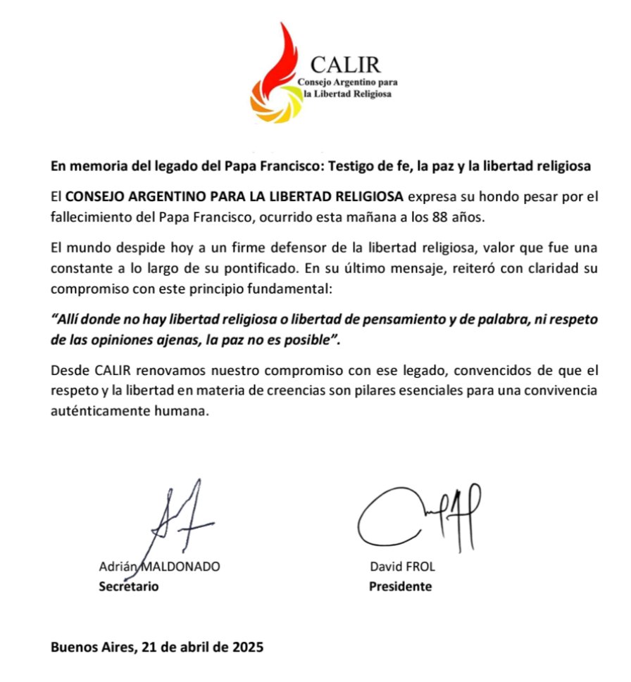 21/4/2025. Declaración del CALIR con motivo del fallecimiento del Papa Francisco #libertadreligiosa