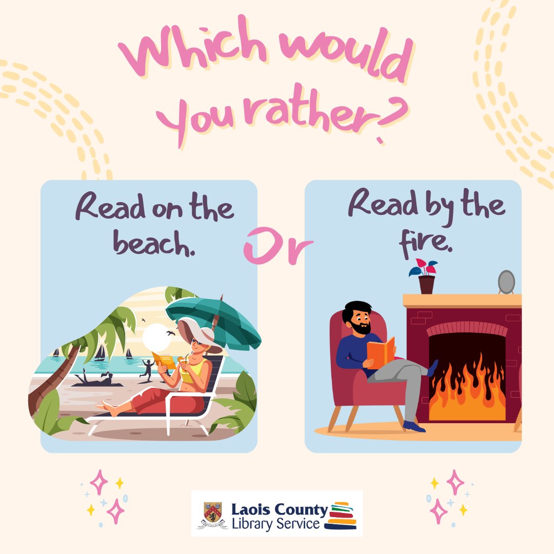 LaoisLibraries's tweet photo. Which would your rather : to be sitting reading by the beach on a sunny day or to be cozy reading by fire?
#ThisorThat #WouldYouRather #TuesdayThoughts #library #bookquestions #WhereDoYoulikeToRead #IdealDay #books #booklover #read #librarylife #onthebeach #cosyathome https://t.co/UsGXxW2enZ