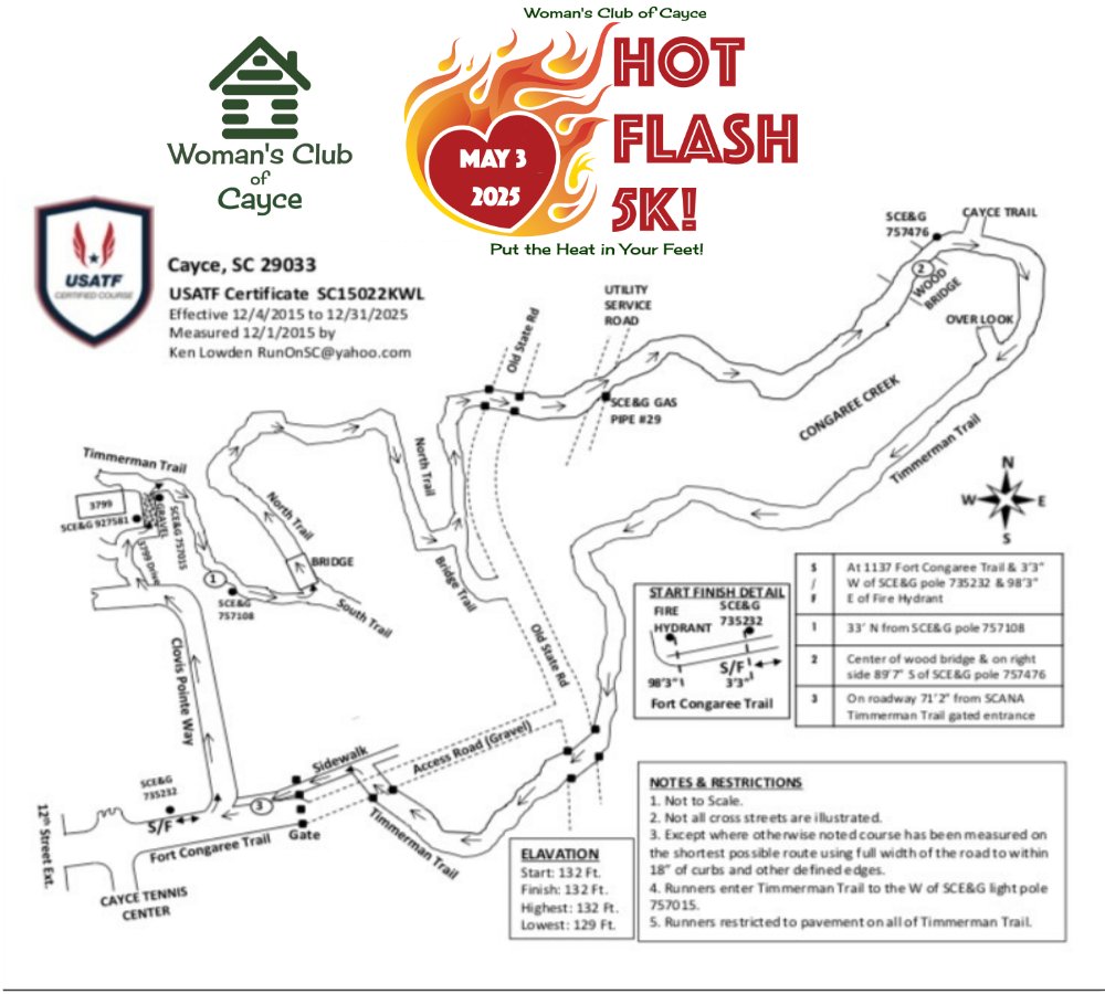 We wanted to provide some answers to our frequently asked questions and a copy of the trail map.

Register at strictlyrunning.com.  If you don't see our race tile, click on registration from the top menu and scroll down to 5/3/25 - Hot Flash!

#timeforahotflashincayce