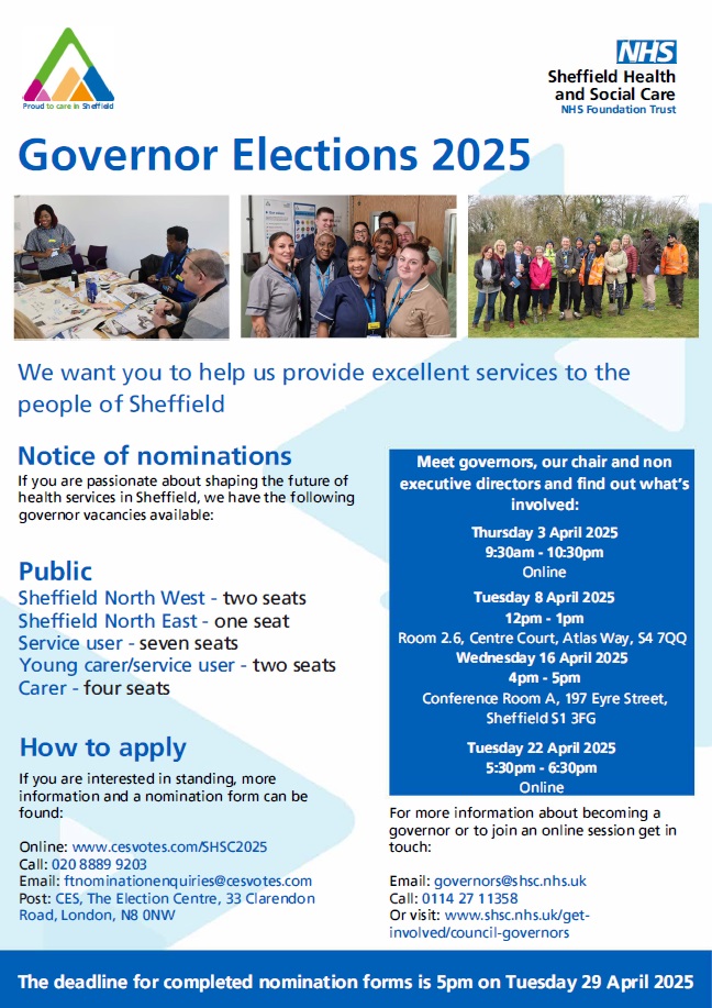 Sheffield MH Guide (@sheffmhg) on Twitter photo Sheffield Health and Social Care NHS Trust are looking for Governors to help shape health services in Sheffield.
If you're interested in standing, find more info on their website shsc.nhs.uk/get-involved/c… or email governors@shsc.nhs.uk Sheffield Health and Social Care NHS Trust are looking for Governors to help shape health services in Sheffield.
If you're interested in standing, find more info on their website shsc.nhs.uk/get-involved/c… or email governors@shsc.nhs.uk