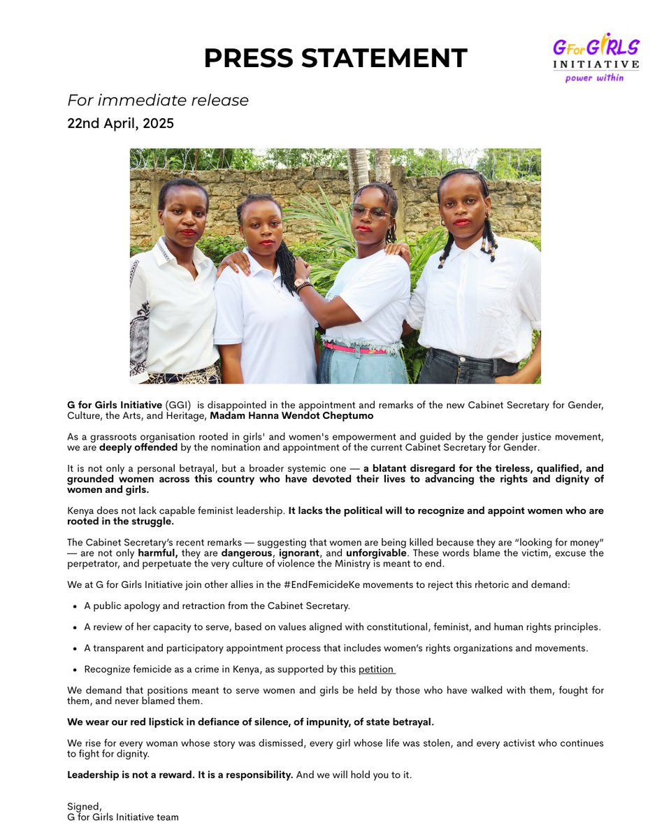 We wear our red lipstick in defiance.

Victim-blaming has no place in leadership.

We reject harmful rhetoric &amp; demand feminist accountability.

✊🏾 #EndFemicideKe
📢 #NotInOurName

🖊️ Sign the petition: change.org/p/declare-femi…