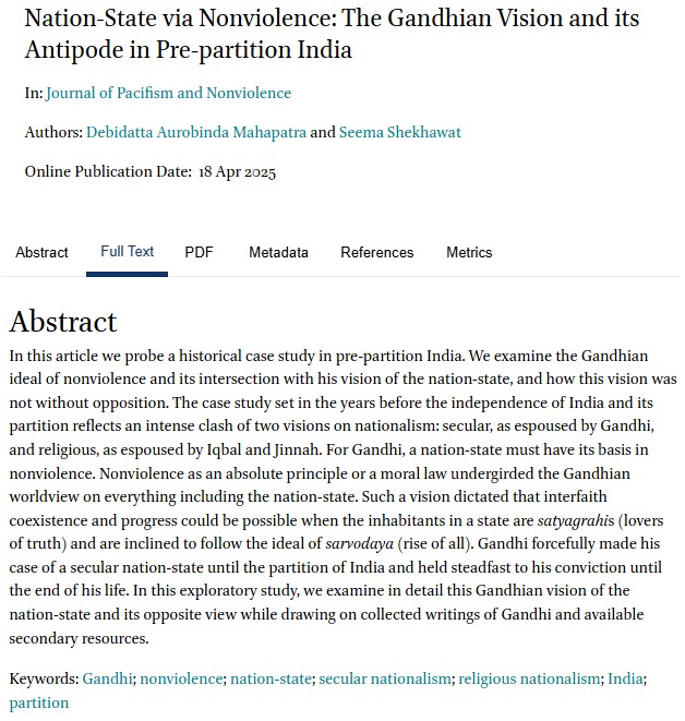jpacnv's tweet image. 📰@damahapatra & @SeemaSh47914094 examine #Gandhian ideal of #nonviolence & its intersection with his vision of the nation-state, contrasting his vision of #nationalism with that of Iqbal & Jinnah: doi.org/10.1163/277278…