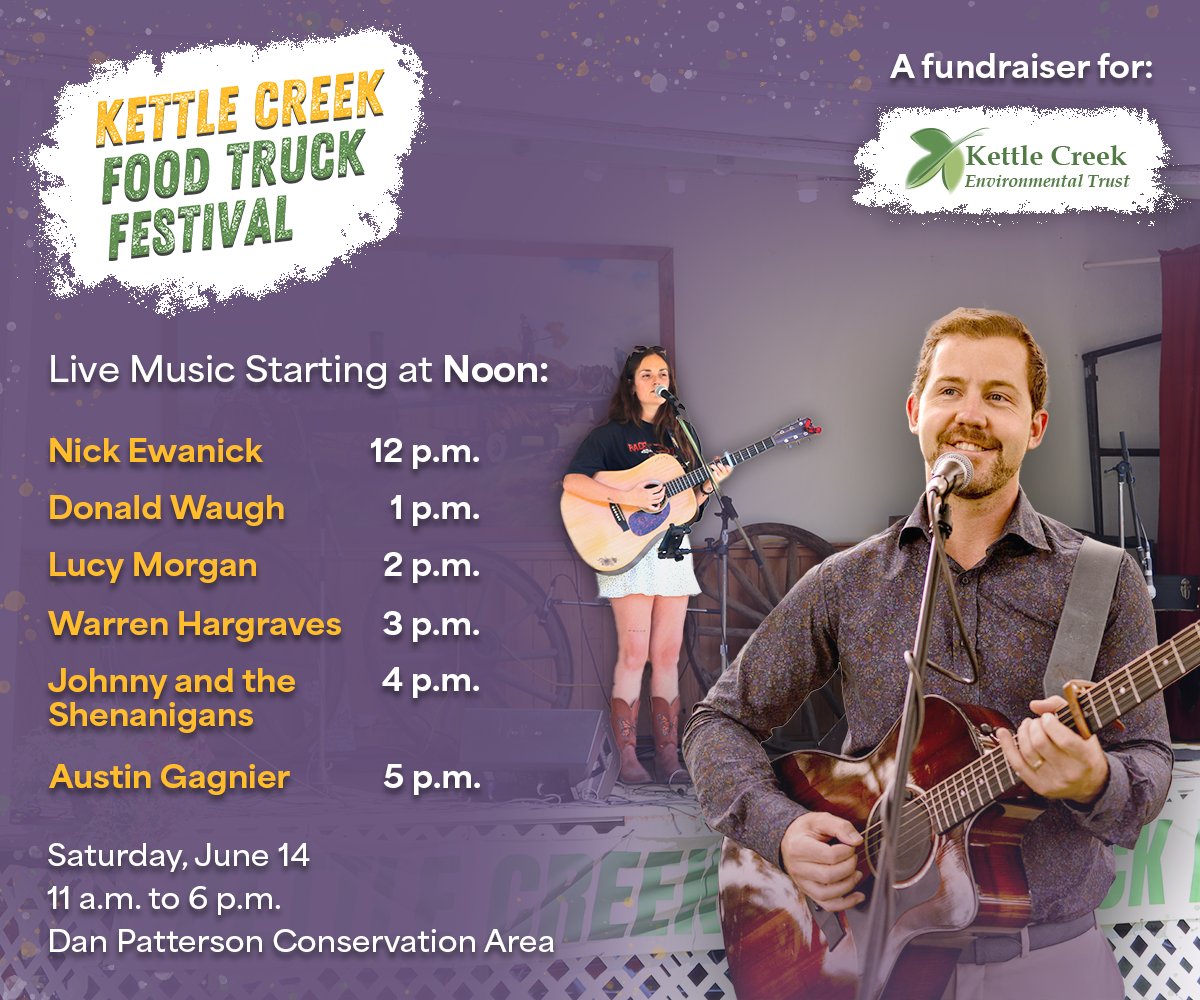 KCETrust's tweet image. Enjoy an exciting lineup of performances on June 14 at Dan Patterson Conservation Area!

🎤 12 PM Nick Ewanick
🎸 1 PM Donald Waugh
🎶 2 PM Lucy Morgan
🥁 3 PM Warren Hargraves
🎷 4 PM Johnny &amp;amp; the Shenanigans
🎵 5 PM Austin Gagnier

Learn more: kettlecreektrust.com/kettle-creek-f…