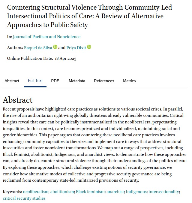 jpacnv's tweet image. 📰@RaquelBPSilva & Priya Dixit compare neoliberal #care practices with Black #feminist, #abolitionist, #Indigenous, & #anarchist alternatives to demonstrate how the latter counter structural violence: doi.org/10.1163/277278… #intersectionality