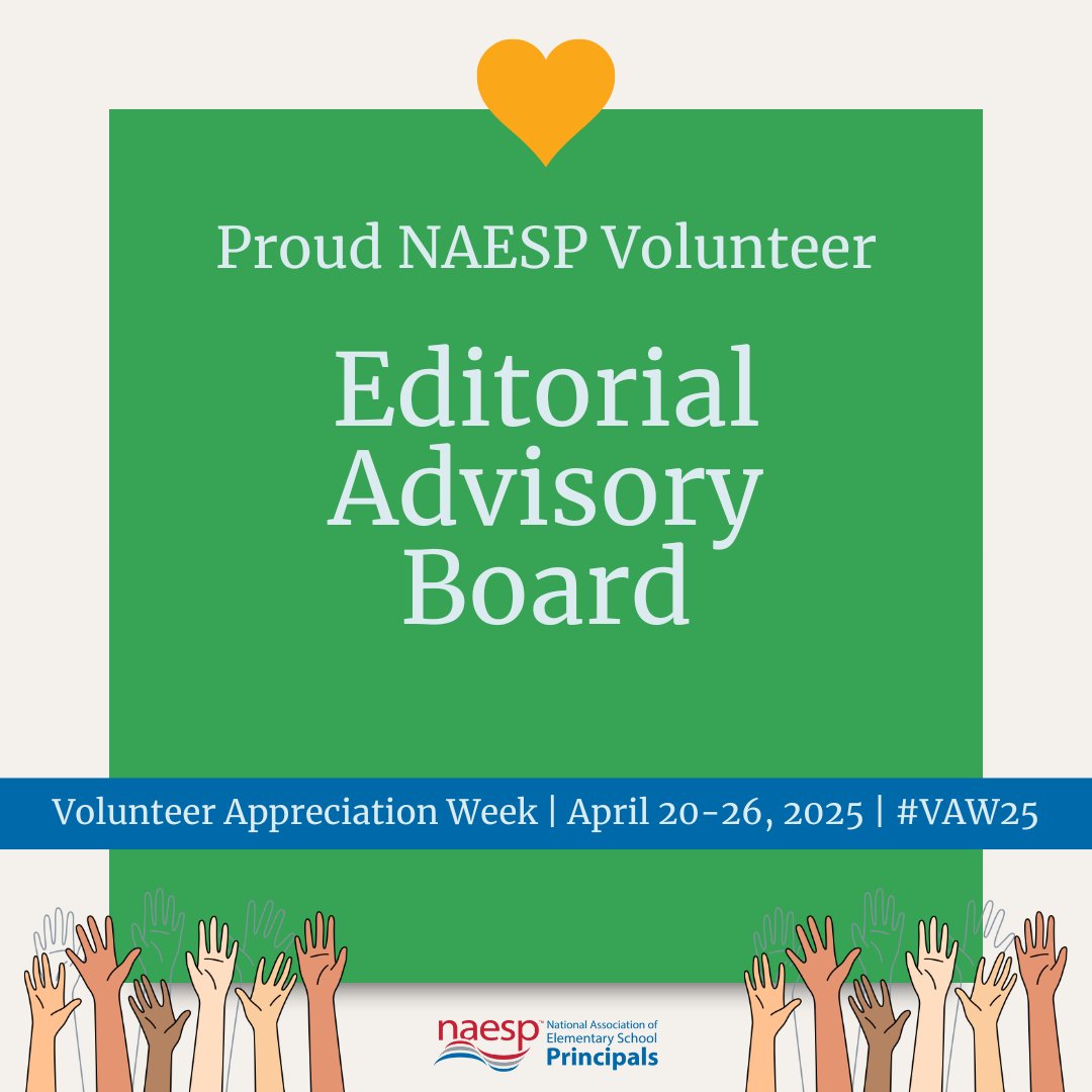 One of my absolute favorite parts of my job is working with our Editorial Advisory Board (EAB)! Happy Volunteer Appreciation Week to you all! Thank you for all you do for NAESP and your schools! 

Want to join us? Apply to be on the EAB by July 25: naesp.org/news/naesp-cel… #VAW25