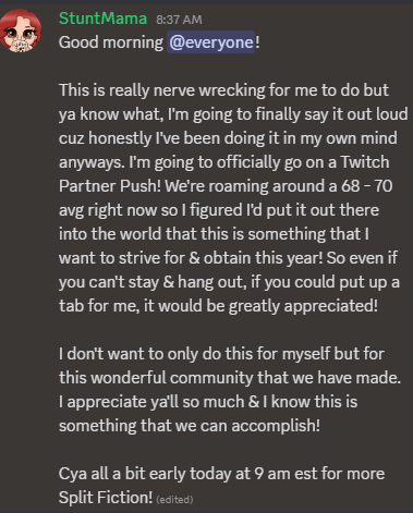 stunt_mama's tweet photo. Putting this out into the universe! Officially going on a Partner Push!  Over the last few weeks we keep getting close so figured I'd finally say something!

Cya at 9 am est for more Split Fiction w/ @Gaming4Platinum on https://t.co/nFLI9zBuIO!

@PlatSquad @ebggttv #HorrorStream https://t.co/EiuFtHjGUu