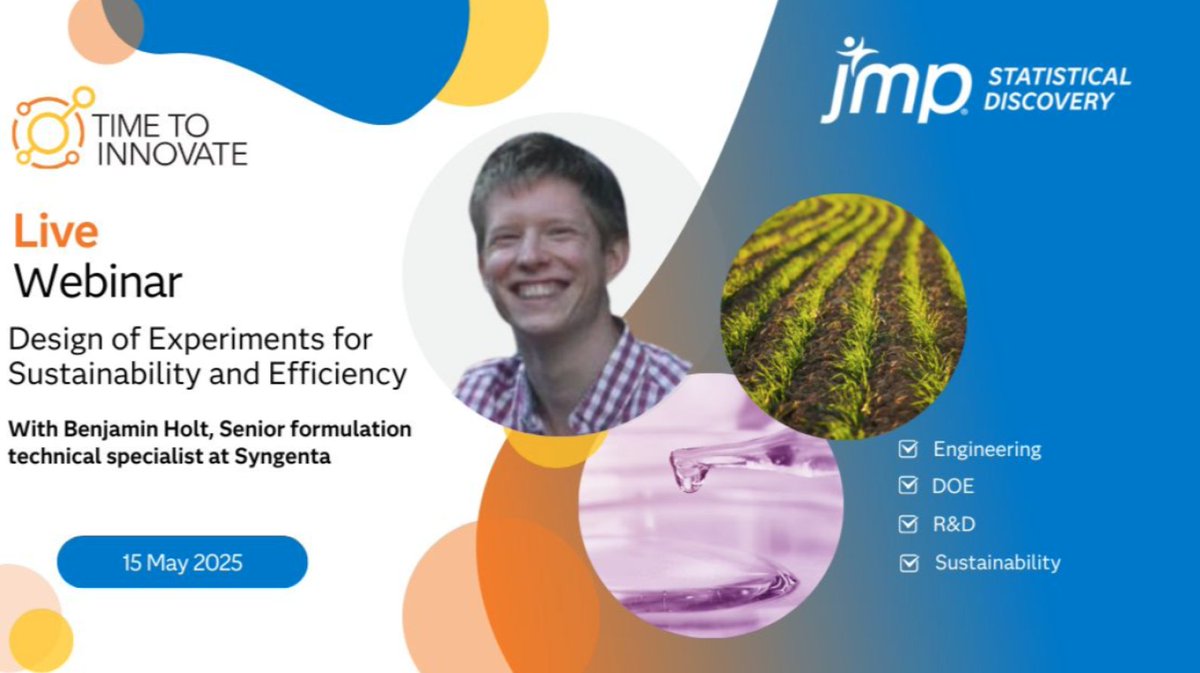 Alexander Verbeek 🌍 (@alex_verbeek) on Twitter photo Are you looking for ways to reduce resource usage, control costs, and keep product performance on track? This 60-minute <a href="/JMP_software/">JMP Software</a> webinar introduces practical design of experiments (DOE) methods that lead to eco-friendly, high-quality outcomes.
What to expect: Are you looking for ways to reduce resource usage, control costs, and keep product performance on track? This 60-minute <a href="/JMP_software/">JMP Software</a> webinar introduces practical design of experiments (DOE) methods that lead to eco-friendly, high-quality outcomes.
What to expect: